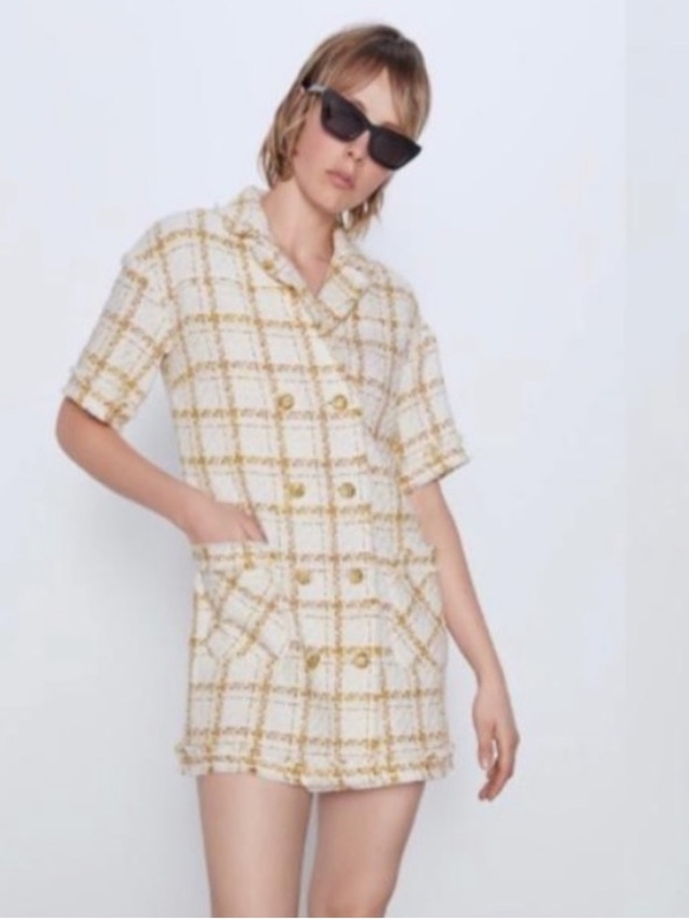 Zara Tweed Cream Yellow Plaid Mini Dress Small Gold Buttons Chanel Blazer Style